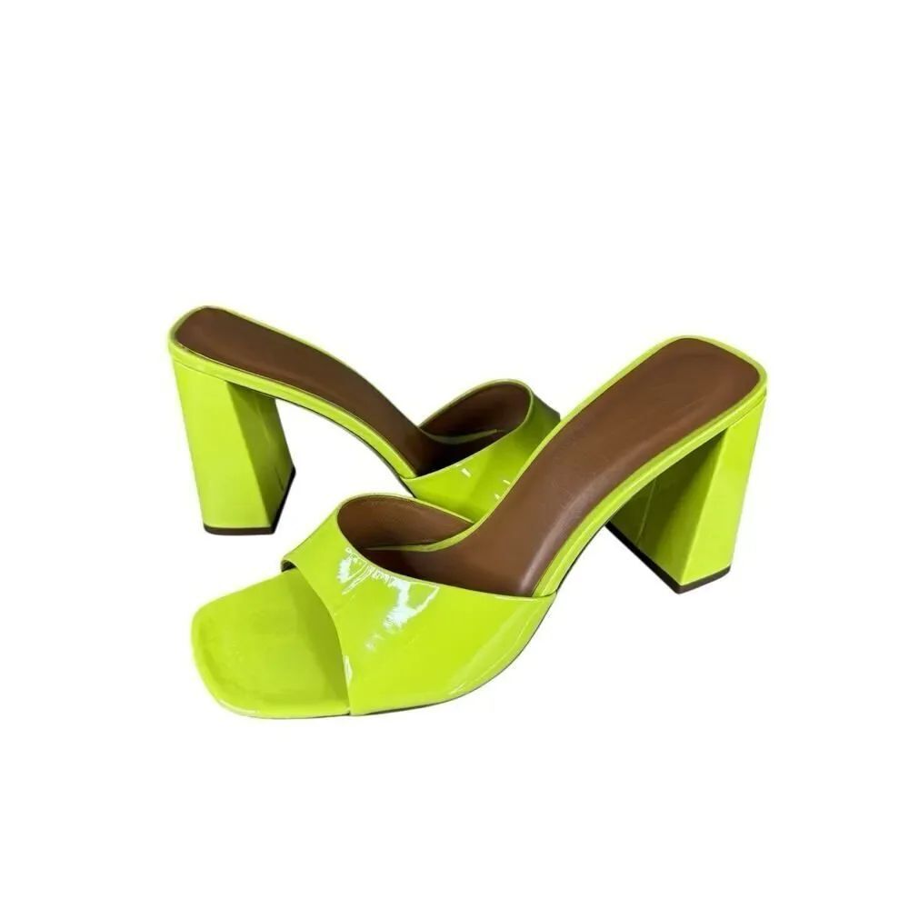 Staud Neon Yellow Patent Leather Block Heel Mules Sandals Size 39 (US 9)